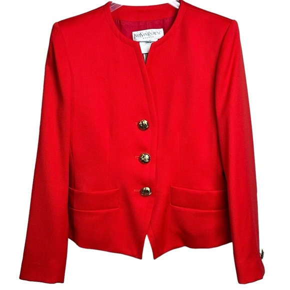 Vintage YSL Encore Size 10 Wool Two Piece Suit Red 90s Power Glam Office Bold - Picture 2 of 16